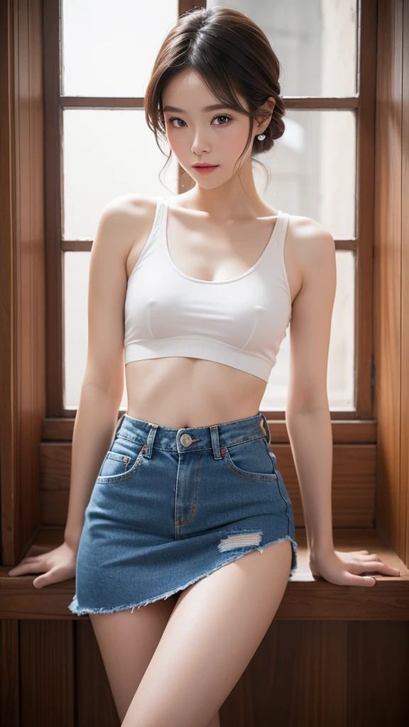 Hairstyle as it is,Face as is,Highest quality, masterpiece, Small underwear,Sitting in an M-shape, her underwear peeks out from under her denim miniskirt, Include the lower body in the frame as well.,Blushing, 