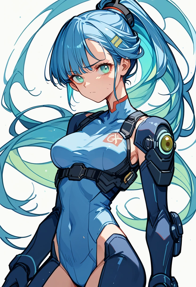 ((Holographic glow effect))、Blue Hair、Masterpiece、Best Quality、1 person、Medium breast、((Album cover))、Light on Face、Slim Body、Blue Costume、Exoskeleton、metal Gear、Cyberpunk Style、ponytail、The Gundam pilot、attention arousal,Ride a fighter