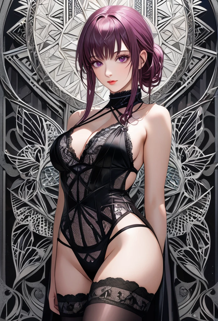 Kafka, purple hair, purple eyes, absurdres, highres, ultra detailed, ultra-detailed background, detailed background, extremly detailed, 1girl,bunch of flowers, (zentangle:1.2), (geometric:1.2), black and white color palette, monochromatic, big breasts, cleavage, sideboob, lingerie, realistic depiction, (arms behind back), standing, contrapposto, thigh highs, thick thighs,