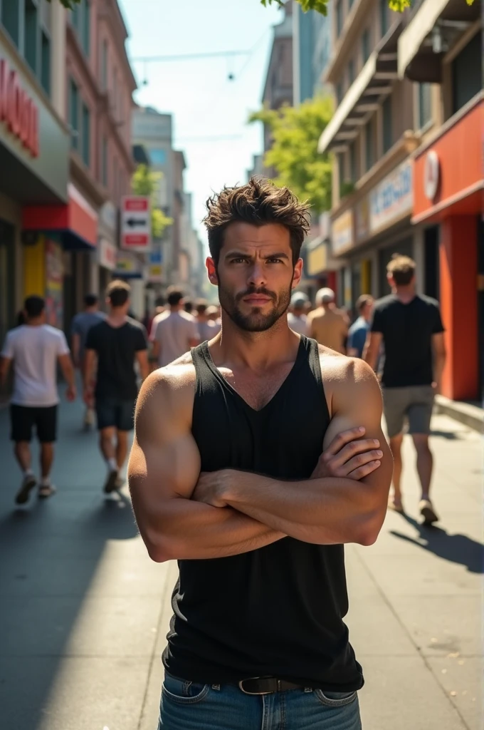A man on a street with an erect penis