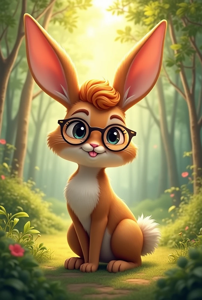 Male brown bunny fursona, with big floppy ears that hang out until his knees, wearing glasses, curly short orange hair, thin body with small waist, big torso and bigger hands