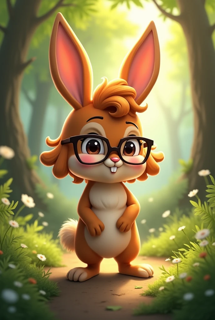 Male brown bunny fursona, with big floppy ears that hang out until his knees, wearing glasses, curly short orange hair, thin body with small waist, big torso and bigger hands