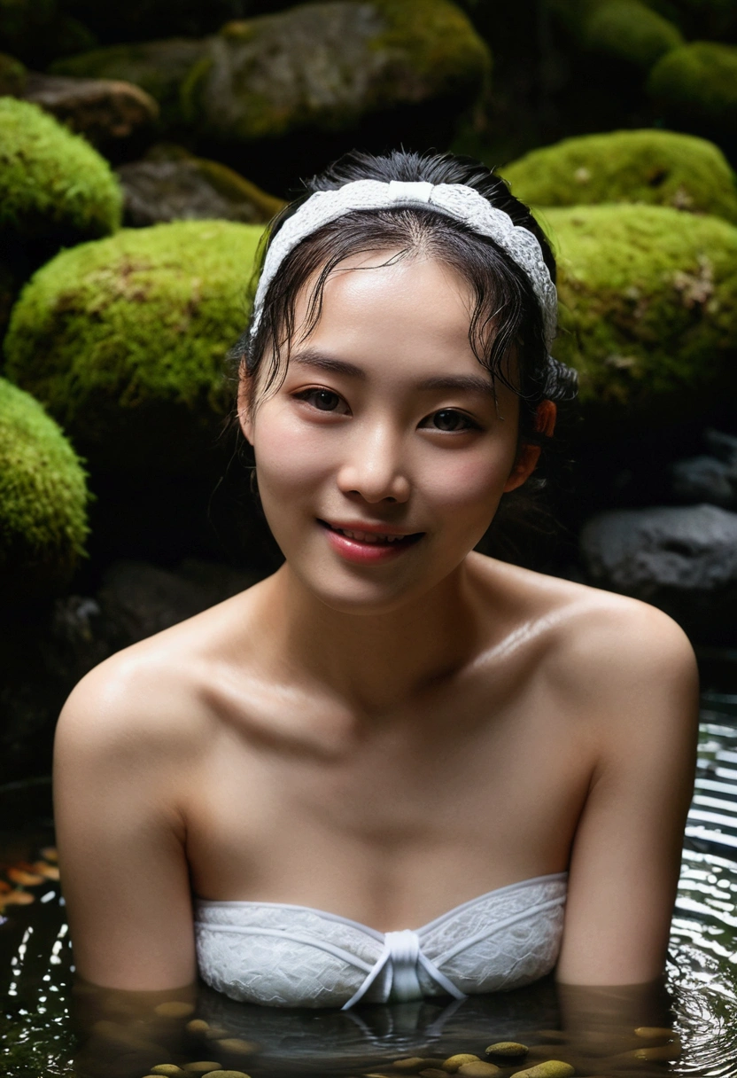 Best quality, masterpiece, super high resolution, a super model soaking in a hot spring in Japan, outdoor hot spring, stone hot spring, surrounded by moss and trees, super beautiful face, pure body, clear pores visible, (smile:0.8), wearing split (lace bandeau:1.2), (realism:1.5), original photo, soaked body, covered in sweat, bare shoulders, in the dark, deep shadows, low-key, cold light