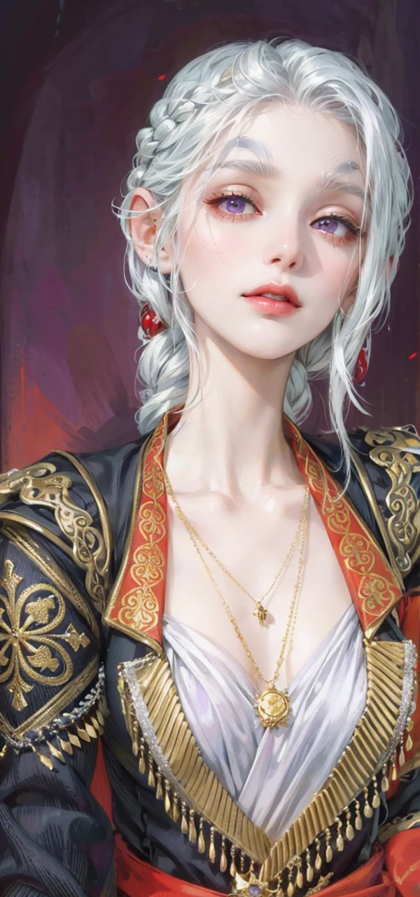 (masterpiece, top quality, best quality, official art, enchanting and aesthetic:1.2), 1female, white silver hair, royal braided hair, violet eyes, white and red dress, red and gold jewelry, high quality details, 4k eyes, white hair, silver white hair, long hair, siren eyes, cold expression