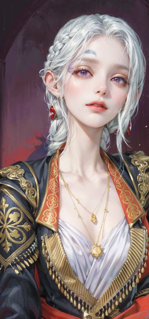(masterpiece, top quality, best quality, official art, enchanting and aesthetic:1.2), 1female, white silver hair, royal braided hair, violet eyes, white and red dress, red and gold jewelry, high quality details, 4k eyes, white hair, silver white hair, long hair, siren eyes, cold expression