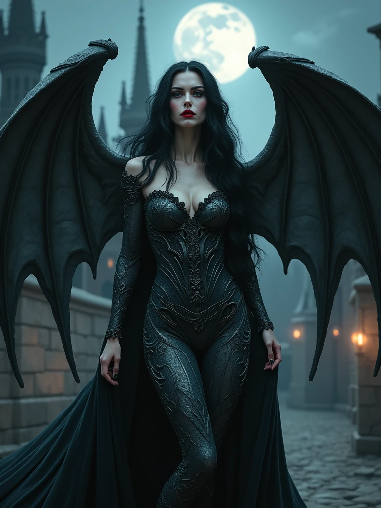 Vampire, female, long dark hair, pasty pale ghastly skin, red eyes, vampire fans, elegant flowing renaissance era black dress, Romanian, dark castle, nighttime, moonlight, dimly lit, horror, threatening to bite you, bearing her fangs, huge leathery bat wings