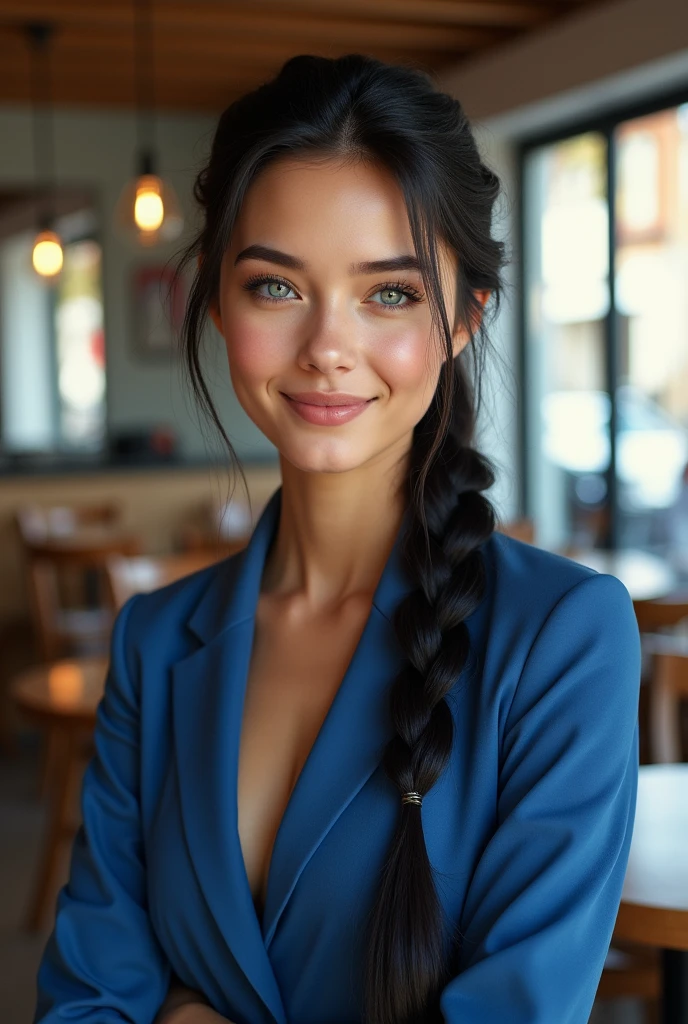 Create a highly realistic and detailed portrait of a young Italian woman with long, black hair braided into a ponytail. She has bright blue eyes and a natural, warm smile. Her face is youthful with some natural imperfections that add to her charm. She is not wearing makeup, showcasing her authentic beauty. The woman has a slim figure with a full chest and is dressed in an elegant, tailored blue suit. The background is a modern, upscale urban setting, such as a chic café or a stylish office lobby, with soft, natural lighting that emphasizes the realism and detail of her appearance, including the texture of her clothing and the subtle features of her youthful face. nudity, explicit content, sexual themes, suggestive poses, provocative attire