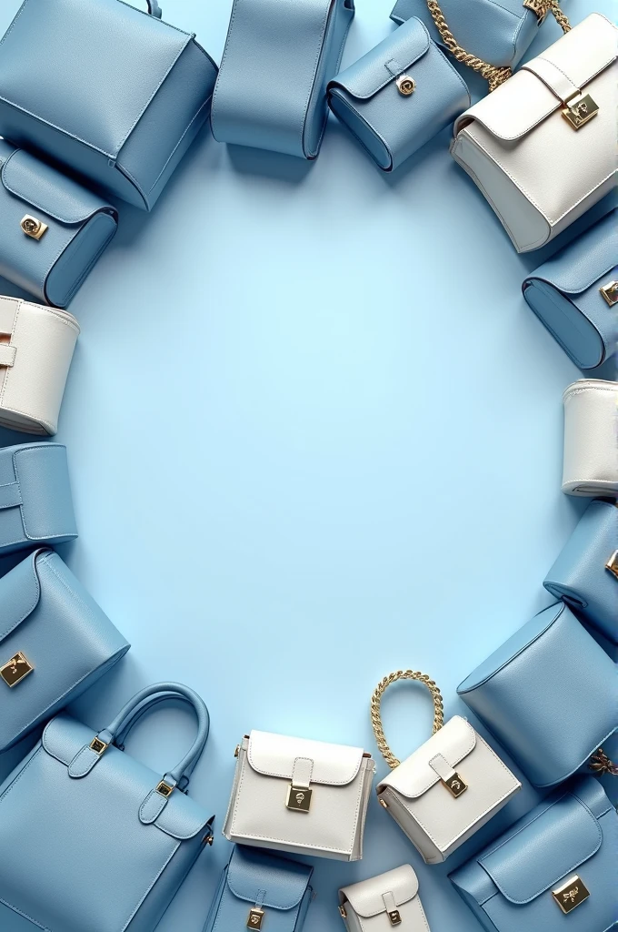 Creat a realistic image full of luxury bags around the cicle and write "why buy from us" in the center of the image in circle. Theme should be sky blue and white