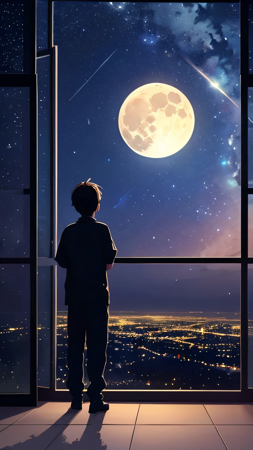 there is a boy looking out a window at the moon, night stary sky full of stars, bright moon, watching the stars, silhouette of a boy and his cat, window into sky behind them, looking at the stars, looking out, watching the stars at night, window to night time, view of a city 