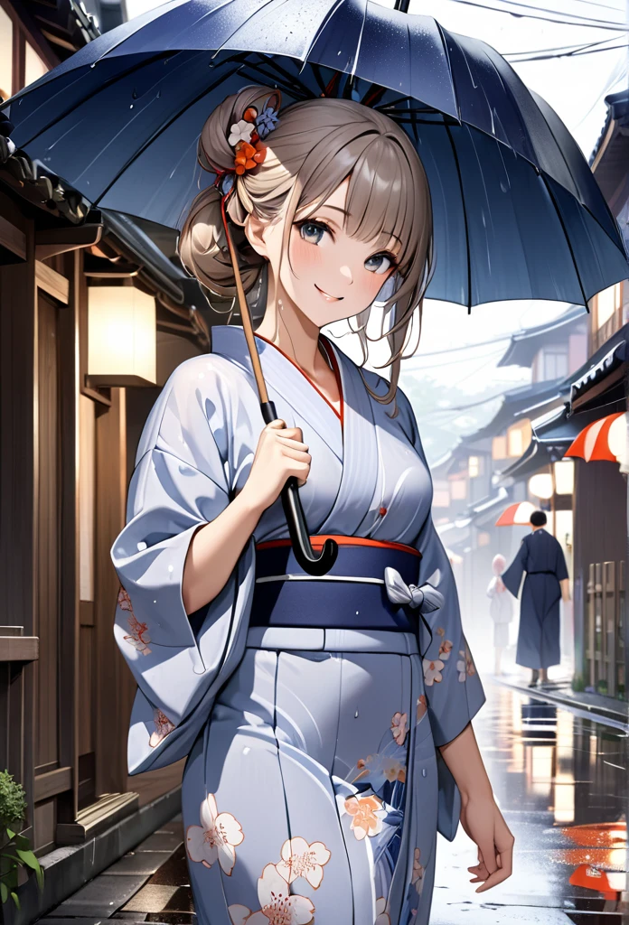 Ultra-realism、One person, High resolution, chest, Hair color: Greige、
background: Showa era Kyoto with its nostalgic streetscape、Puddles on the pavement after the rain、Reflecting street light, female figure: beautiful girl、Wearing a yukata、With a gentle smile、Looking back at me。Holding an umbrella、Her hair is wet from the rain and sticks to her body。