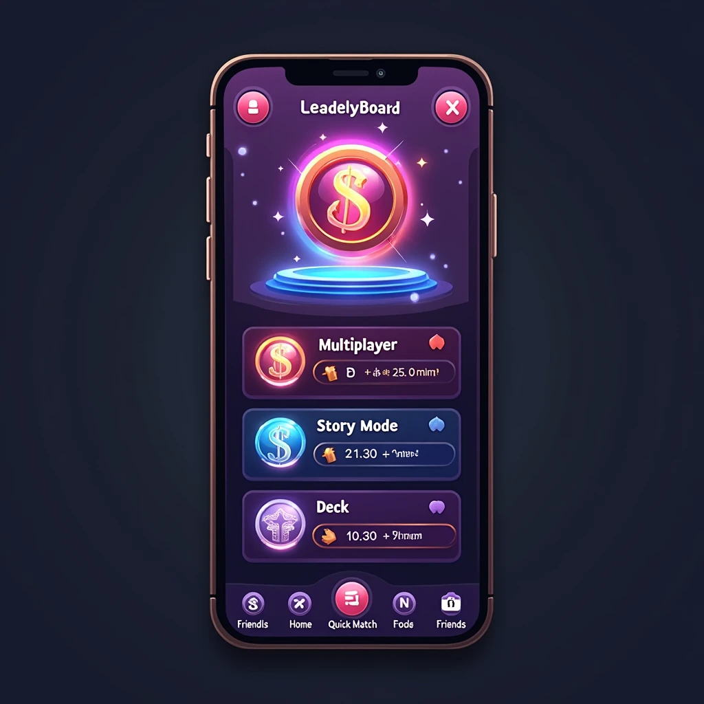 The application interface that contains the player&#39;s name, coin balance, position on the leaderboard, rating points. Below is the player menu Multiplayer, story mode, Friendly matches. At the bottom of the screen there is a quick menu with basic functions. Deck, shop, home, quick match,  Friends. Interface image in vertical design.

