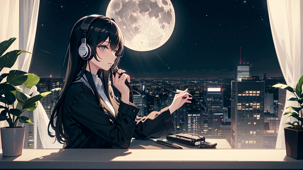 By the window,Woman,relaxing with a headset,Black hair,night,moon