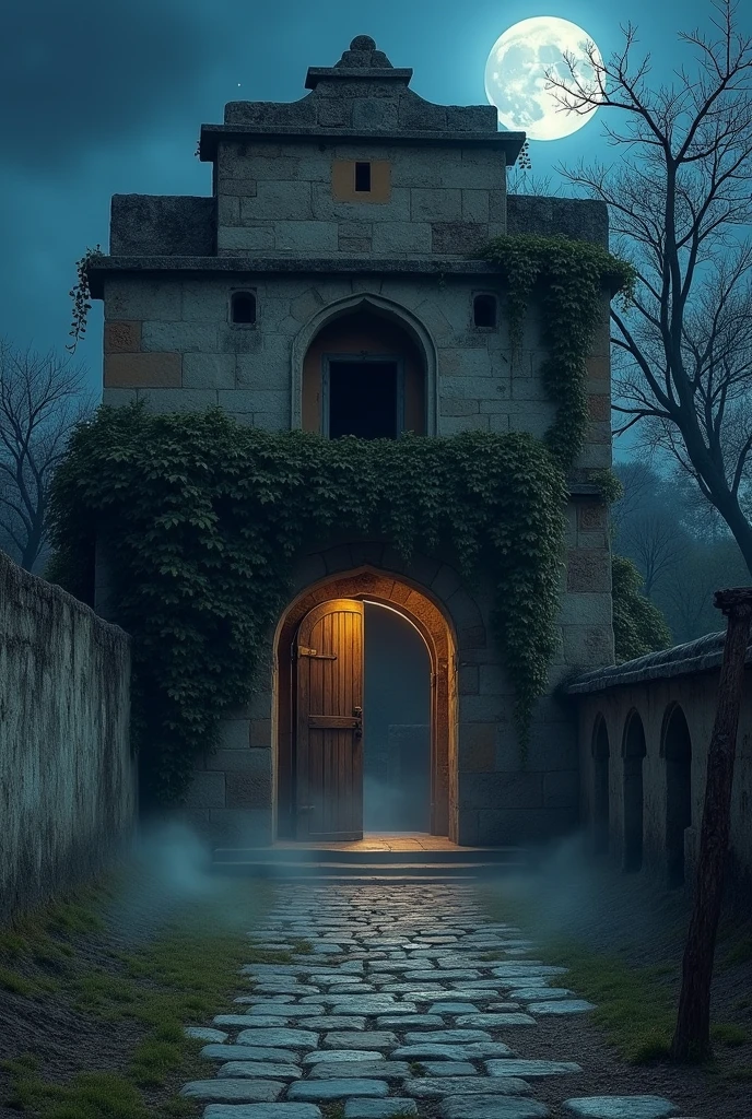 [Scene 1: The Old Haveli at Night]
Prompt: An old, eerie haveli standing alone at the edge of a village, illuminated only by the faint light of the moon. The haveli’s large, creaky wooden gate is slightly ajar, revealing an entrance shrouded in darkness. The atmosphere should be suspenseful, with shadows adding to the mystery.

