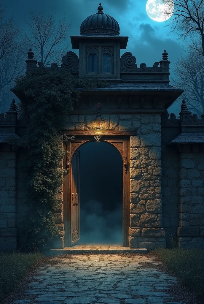 [Scene 1: The Old Haveli at Night]
Prompt: An old, eerie haveli standing alone at the edge of a village, illuminated only by the faint light of the moon. The haveli’s large, creaky wooden gate is slightly ajar, revealing an entrance shrouded in darkness. The atmosphere should be suspenseful, with shadows adding to the mystery.
