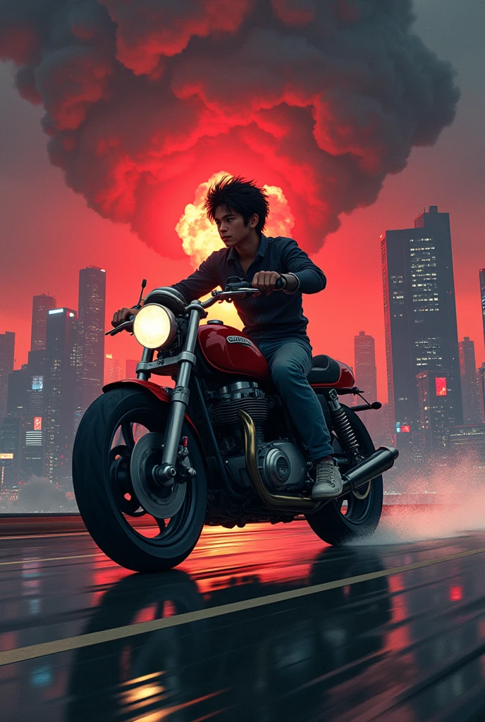a cyberpunk anime style scene, Kaneda riding his iconic motorcycle in the foreground, a massive explosion in the distant Neo Tokyo cityscape, overcast skies with a reddish hue, cinematic composition, (best quality,4k,8k,highres,masterpiece:1.2),ultra-detailed,(realistic,photorealistic,photo-realistic:1.37),3d,akira,kaneda,cyberpunk,motorcycle,explosion,neo tokyo,cityscape,overcast,reddish sky,cinematic