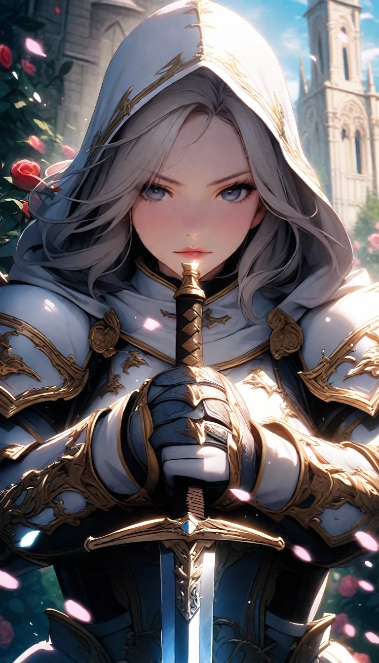 ((close up)),Church surrounded by roses、((Two-handed sword)),(Female Knight)、Lovely、((White hood、armor))
