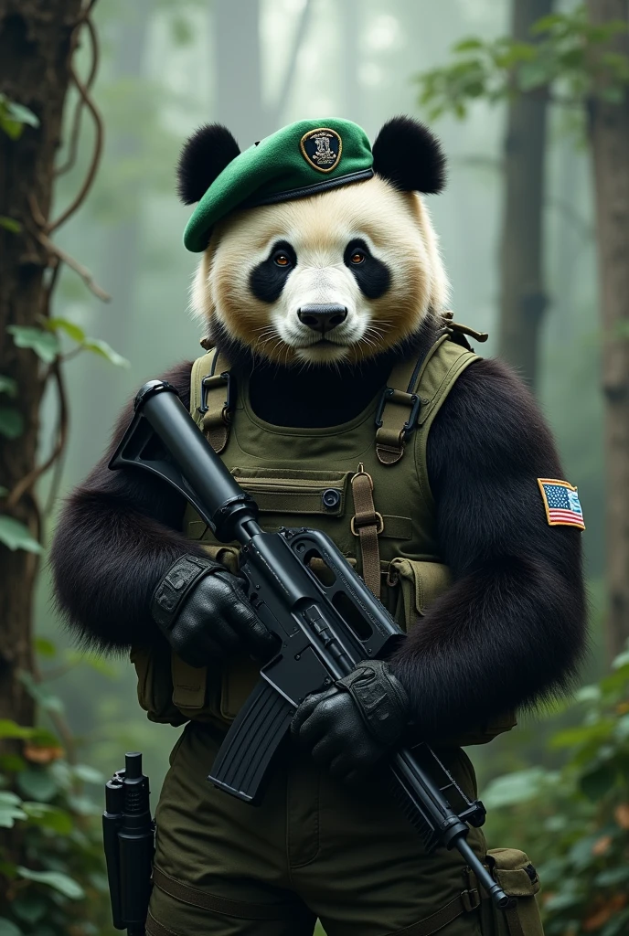 Image of a life action panda bear with a bad face dressed as a special forces soldier with a green beret
