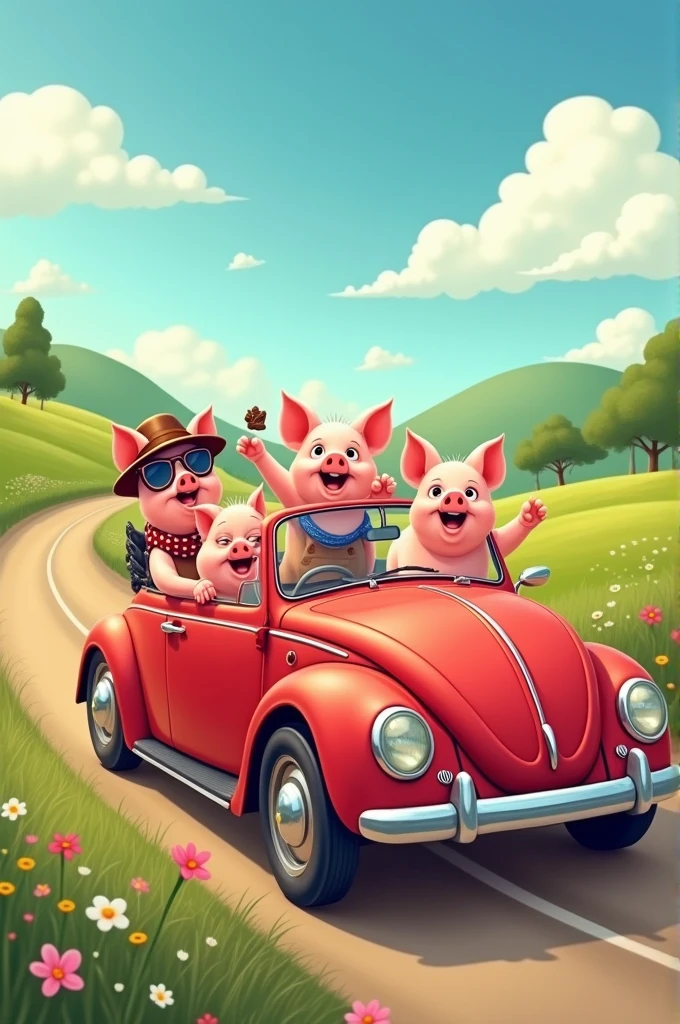 4 pig driving a car 