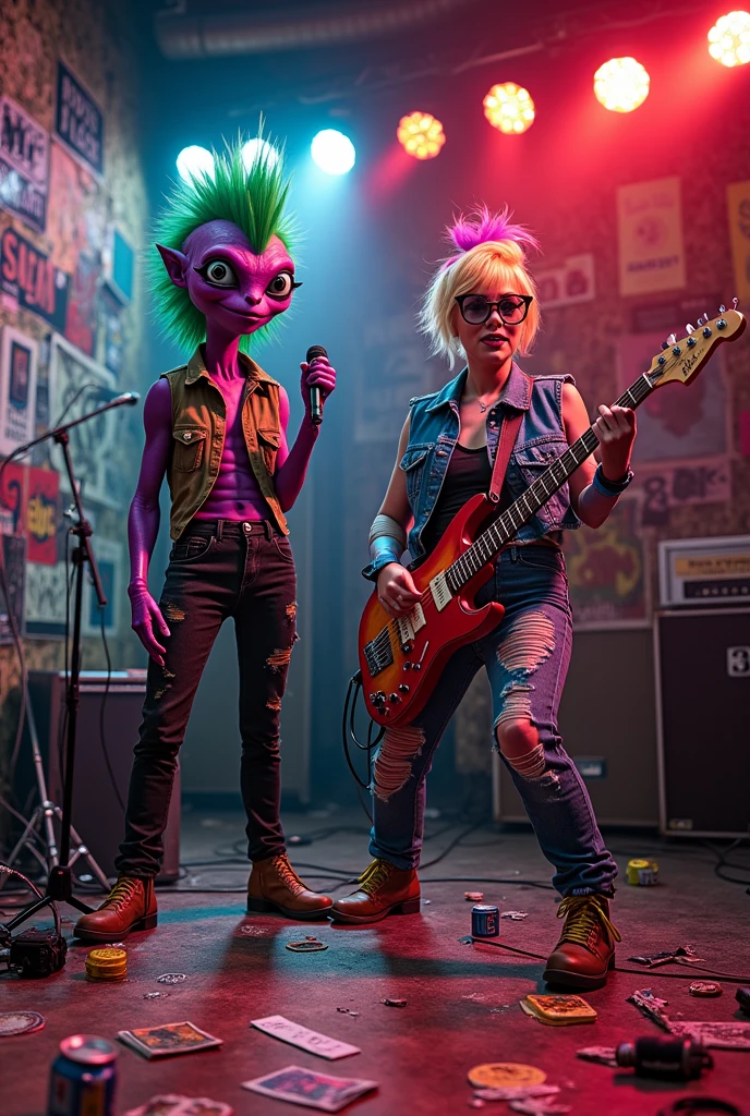 Punk band ,An alien and a woman with glasses in a room