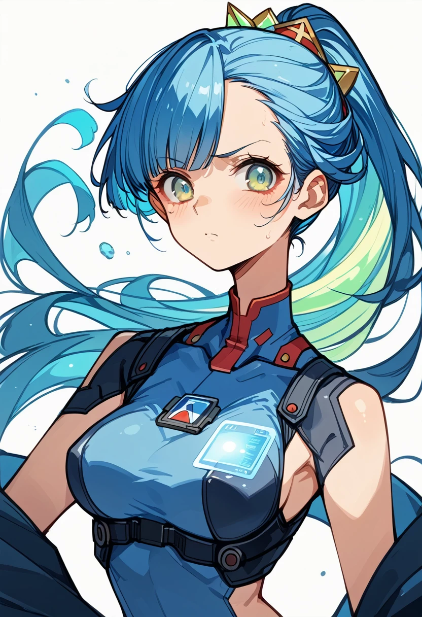 ((Holographic glow effect))、Blue Hair、Masterpiece、Best Quality、1 person、Medium breast、((Album cover))、Light on Face、Slim Body、Blue Costume、Exoskeleton、metal Gear、Cyberpunk Style、ponytail、The Gundam pilot、attention arousal,Ride a fighter