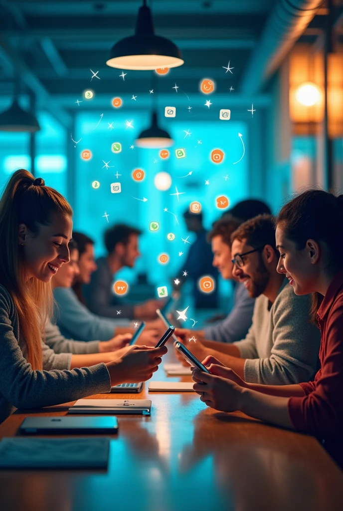 Create a vibrant and dynamic photograph that represents a recruitment advertisement for a social media position. With blue tones, orange and green. Incorporate Facebook social media icons, Instagram, WhatsApp, Messenger and graphics that represent growth and connection, like upward arrows and people collaborating. diverse and enthusiastic people working in a modern environment, using mobile devices and computers.