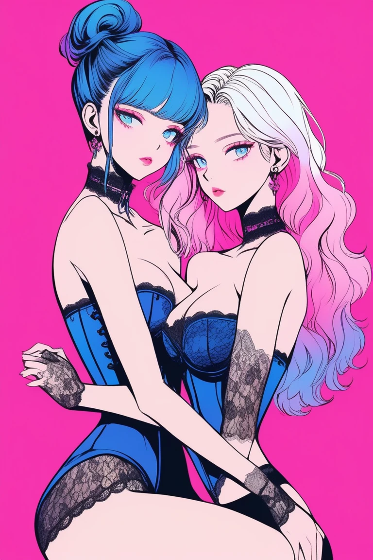 Illustrator, anime , Realistic ,sketch , 2 women, model, Portraiture, lip, She is wearing a strapless, lace-filled corset-like bodysuit., order, Blue and pink gradient background, Neon colored hair, Big Breasts, Sexy look, Sexy pose, Texture Trim, Russia, (masterpiece,Highest quality)
