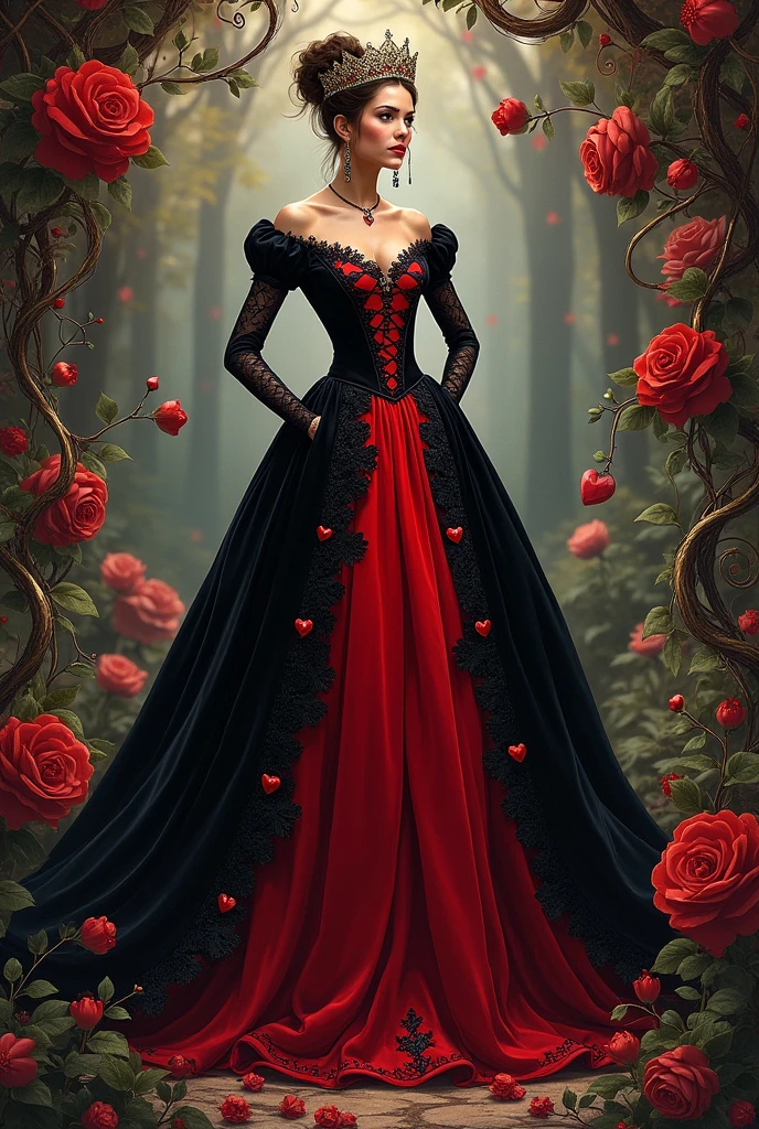 I want you to create a sketch of a dress inspired by the Queen of Hearts, with a style that mixes medieval and princess elements, suitable for a gala event. The dress will have details that refer to the theme of Alice in Wonderland, with colors characteristic of the Queen of Hearts, like red, black and details that are simple but striking