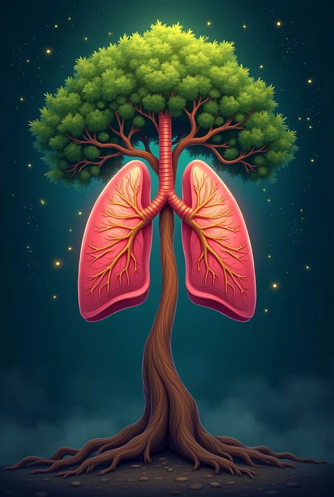Realistic cartoon lung tree shaped drawing art gospel icon dark background
