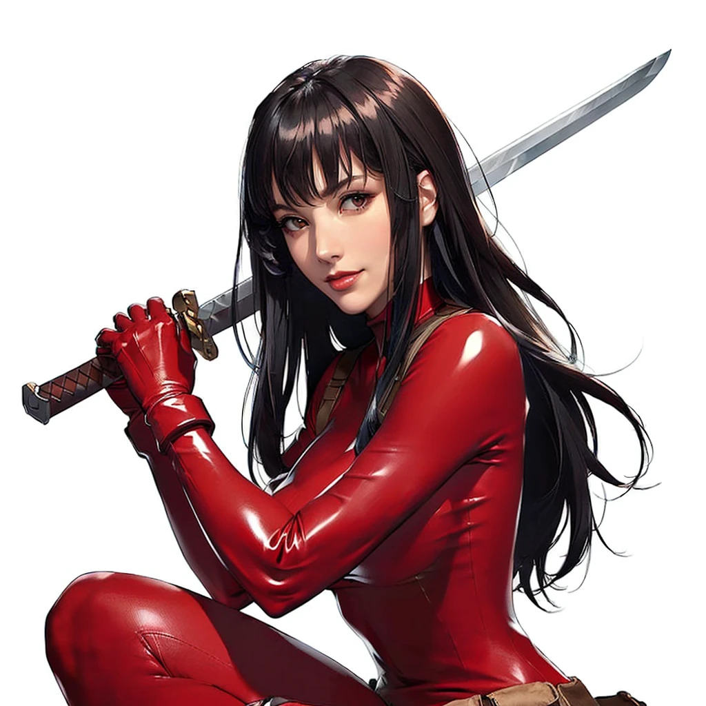 (((Perfect body,White and tender skin,(((BodySuit_lady_deadpool_ownwaifu,bodysuit, skin tight, superhero, Belt Pouch, utility belt, red bodysuit, gloves, weapon on back, thigh pouch, thigh strap, thigh holster, belt buckle, turtleneck, ))),(((ailisha,Black long hair, super long hair, slanted bangs, brown eyes, red lips))),((masterpiece)),high resolution, ((Best quality at best)),masterpiece,quality,Best quality,((( Exquisite facial features,Looking at the audience,There is light in the eyes,Smile))),whole body, Crouch and swing the sword, Hold the sword correctly))),(((Light and shadow,Huge breasts,))),(((Looking at the camera,White background,))))