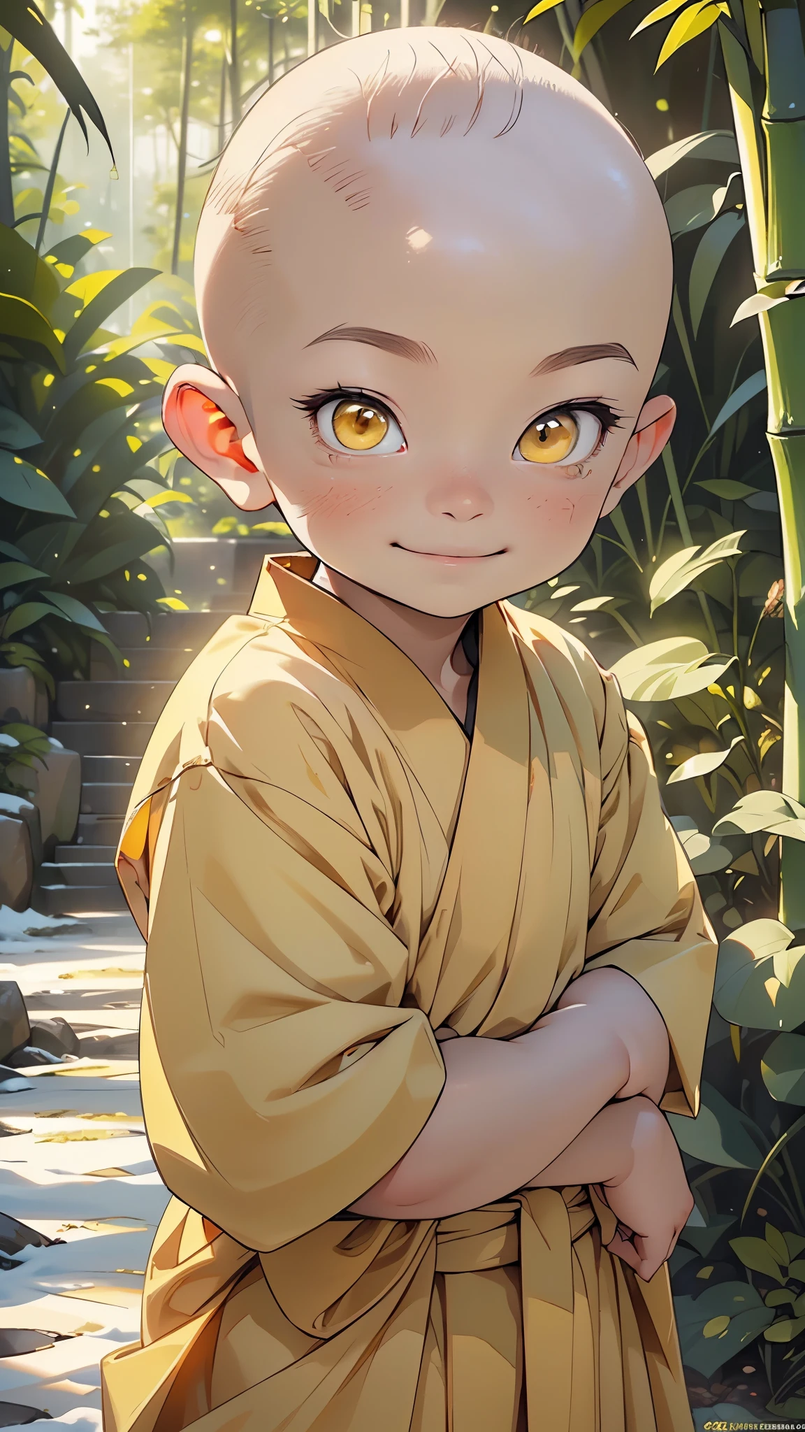 japan boy from ancient Japan,1male,boy,
A 10-year-old Chinese monk,((bald boy:1.5)), yellow, big eyes, dimple, smile, Buddha beads in hand, has his hands crossed,monk, desire to achieve enlightenment, nirvana, yellow and orange theme clothes,(((yellow_eyes:1.3))),intricate eyes,beautiful detailed eyes,symmetrical eyes,big eyes:1.5,((((lustrous skin:1.5,tanned skin,bright skin: 1.5,skin tanned,shiny skin,very shiny skin,shiny body,Reflective skin)))),
looking at viewer,centered,scale to fit dimensions,Rule of thirds,
outdoors,(waterfall,bamboo,river,snow bamboo forest,japanese temple,red lanterns burning,temple in the snow forest,mossy stairway in the temple,dilapidated temple,bamboo sanctuary,),scenery,extremely scenery,winter,scenery:1.25,((intricate scenery)),((snow bamboo forest background)),
(Glossy winter ornaments),highres,sharp focus,(ultra detailed,extremely detailed),(photorealistic artwork:1.37),(extremely detailed CG unity 8k wallpaper),(((vibrant colors,vibrant theme))),(intricate),(masterpiece),(best quality),artistic photography,(photography taken by sldr),(intricate background),perfect rendered face,perfect face details,realistic face,photo realistic,((intricate detail)),(((realism))),
