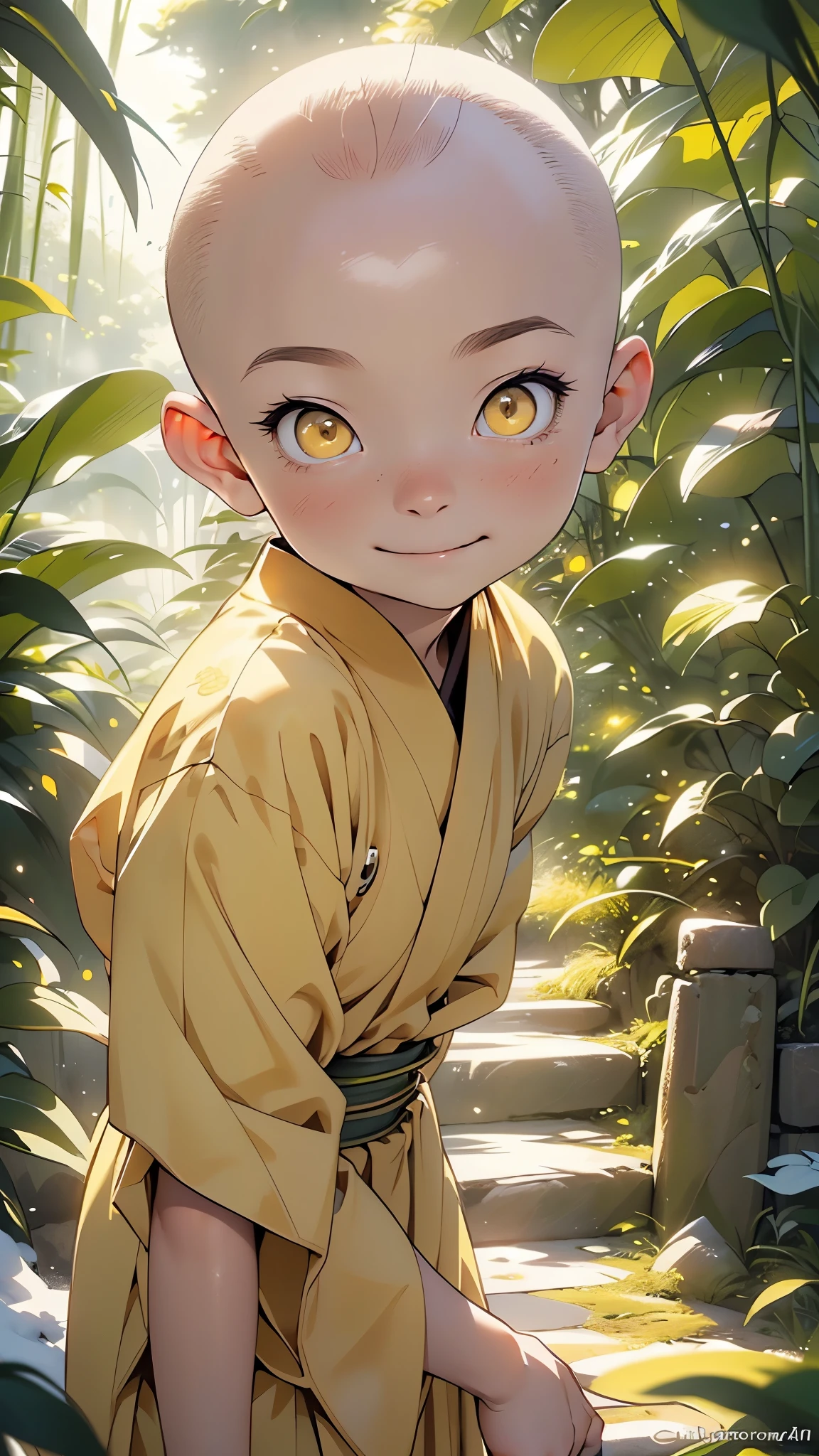 japan boy from ancient Japan,1male,boy,

A -yeld Chse monk,((bald boy:1.5)), yellow, big eyes, dimple, smile, Buddha beads in hand, has his hands crossed,monk, desire to achieve enlightenment, nirvana, yellow and orange theme clothes,(((yellow_eyes:1.3))),intricate eyes,beautiful detailed eyes,symmetrical eyes,big eyes:1.5,((((lustrous skin:1.5,tanned skin,bright skin: 1.5,skin tanned,shiny skin,very shiny skin,shiny body,Reflective skin)))),

looking at viewer,centered,scale to fit dimensions,Rule of thirds,

outdoors,(waterfall,bamboo,river,snow bamboo forest,japanese temple,red lanterns burning,temple in the snow forest,mossy stairway in the temple,dilapidated temple,bamboo sanctuary,),scenery,extremely scenery,winter,scenery:1.25,((intricate scenery)),((snow bamboo forest background)),

(Glossy winter ornaments),highres,sharp focus,(ultra detailed,extremely detailed),(photorealistic artwork:1.37),(extremely detailed CG unity 8k wallpaper),(((vibrant colors,vibrant theme))),(intricate),(masterpiece),(best quality),artistic photography,(photography taken by sldr),(intricate background),perfect rendered face,perfect face details,realistic face,photo realistic,((intricate detail)),(((realism))),
