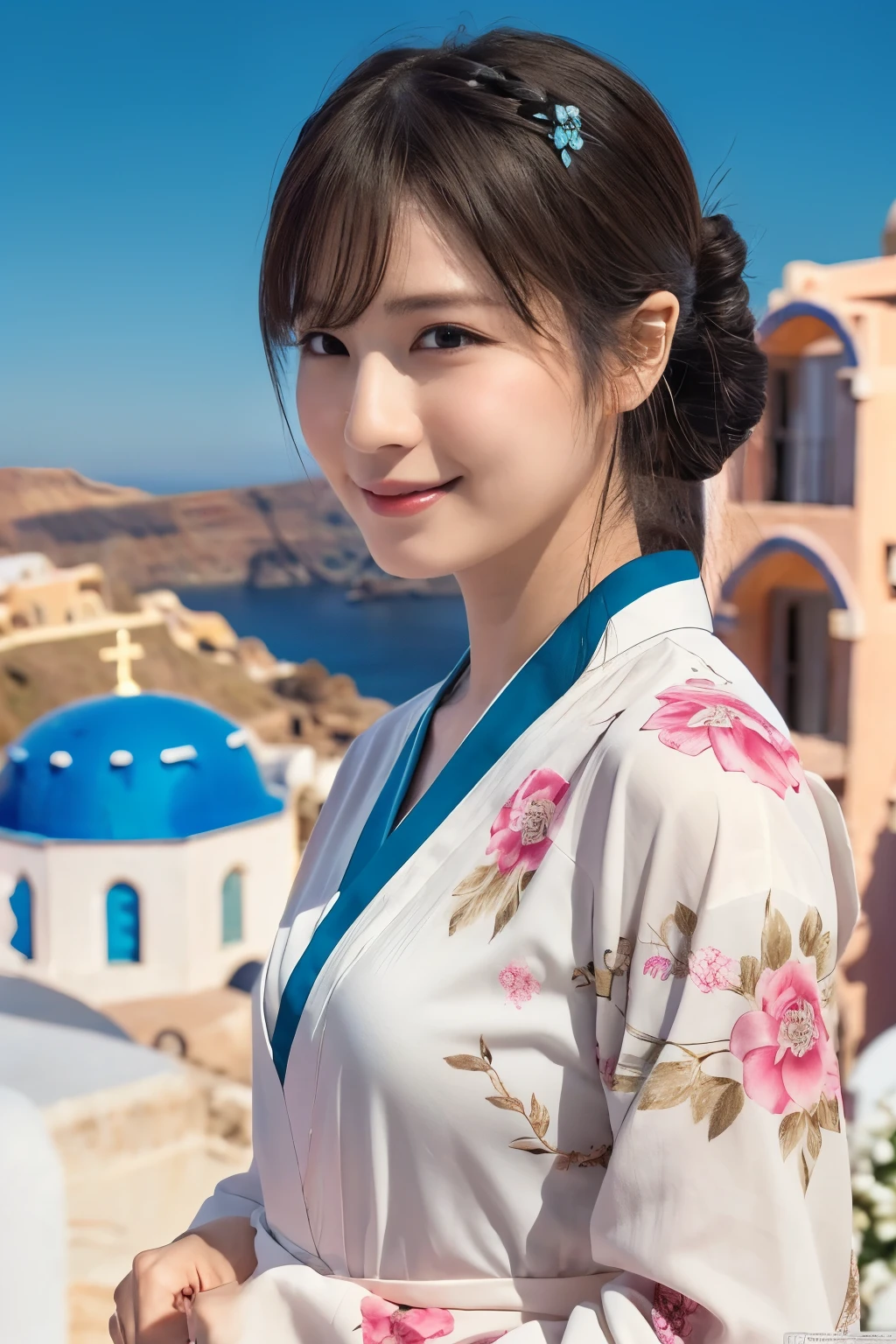 1 person, (Wearing a pink floral kimono.:1.2), Very beautiful Japanese idol portraits, 
(RAW Photos, Highest quality), (Realistic, Realistic:1.4), (masterpiece), 
Very delicate and beautiful, Very detailed, 2k wallpaper, wonderful, finely, Very detailed CG Unity 8k 壁紙, Very detailed, High resolution, Soft Light, 
Beautiful details, Very detailed目と顔, Beautiful and sophisticated nose, Beautiful and beautiful eyes, Cinema Lighting, 
(Commemorative photo on Santorini Island:1.3), (White Building), (blue sky), (Church bells), (Aegean Sea),
(Japanese hairstyle), (Tie your hair at the back:1.3), (bangs), (hairpin), 
Complete Anatomy, Slender body, Small breasts, smile