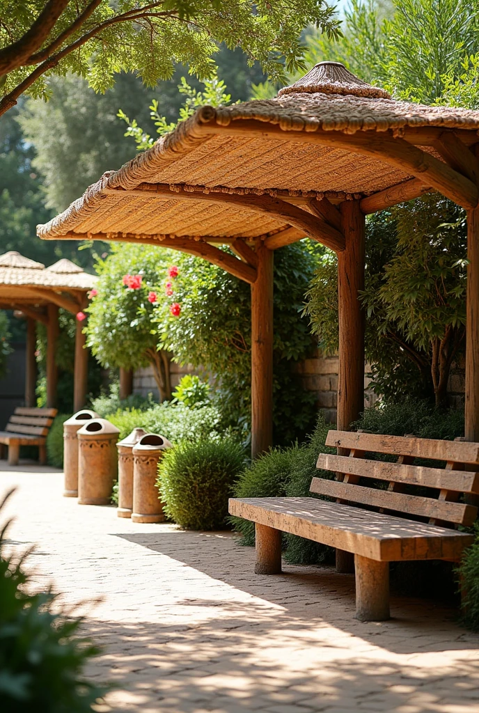 CREATE A PUBLIC BENCH TAKING AS A REFERENCE THE ACAPANA PARAMIDE, INCREASE TRASH CANS AND SOMETHING TO SHADE FROM THE SUN WITH A RUSTIC STYLE