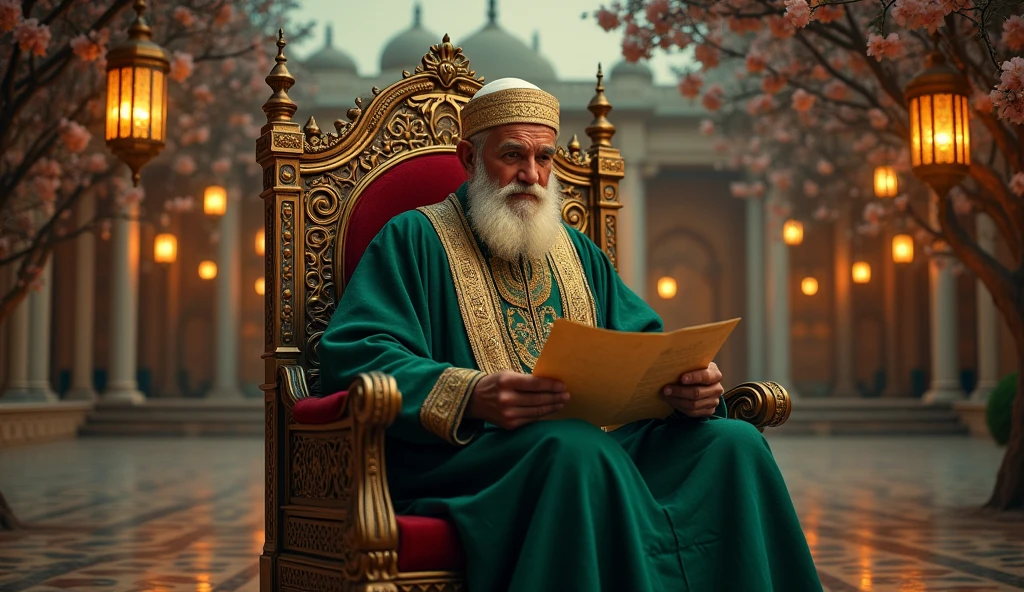 Creat a animated image of a old age Muslim king who sand a later of a queen 