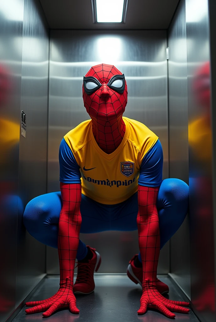 Photo of Spiderman wearing the Barranquilla junior team shirt taken with a Go Pro camera in an elevator 
