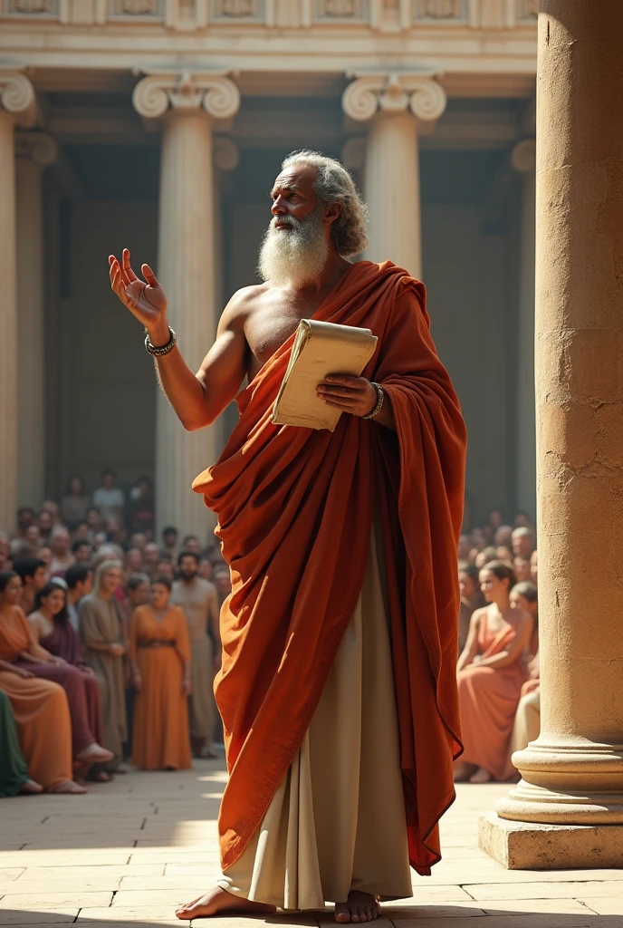 Create an image representing Plato in ancient Greece. The scene should depict Plato as a distinguished philosopher, engaged in intellectual discourse or contemplation. Show him in a classical Greek setting, such as an agora or a scholarly environment, surrounded by stone columns and ancient architecture. Plato should be portrayed in traditional Greek attire, such as a toga, with a thoughtful expression, perhaps holding a scroll or tablet. Include students or fellow philosophers in the background, listening attentively or engaged in discussion. Use warm, earthy tones and natural lighting to evoke the historical period and emphasize the wisdom and philosophical depth of Plato’s time.