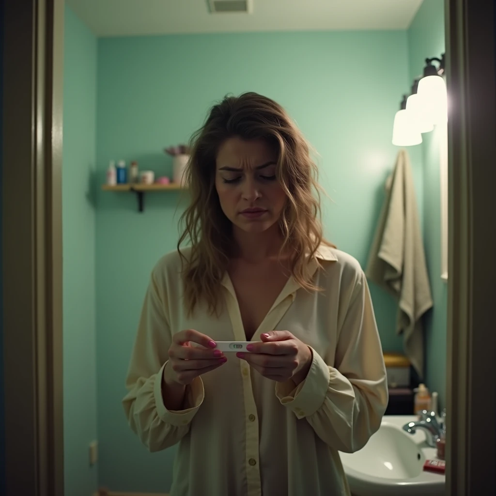 Woman with positive pregnancy test, terrified.