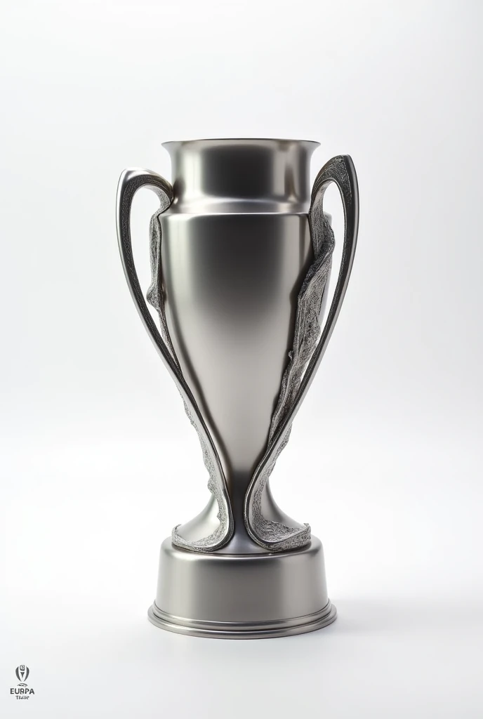 A silver trophy with no place to hold it, with abstract details, with a solid foundation, that is not generic, being similar to the Europa League, but that does not have any visible logo, com fundo branco, a little smaller, and is not reflecting anything.