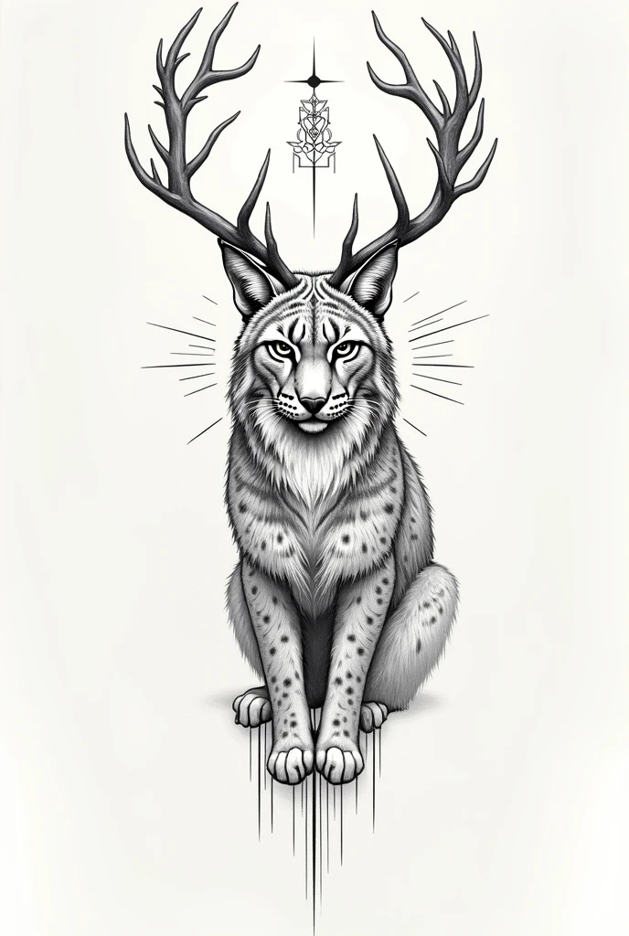 Could you create a sketch of a tattoo with just lines for the forearm of a lynx with deer antlers?, also with Nordic symbols