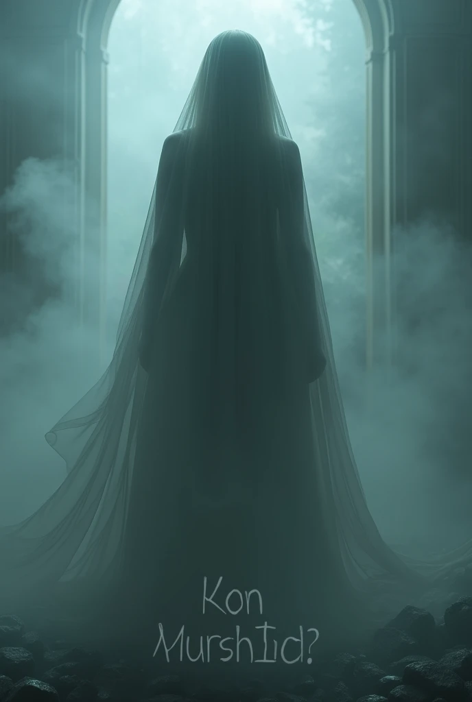 The words "Kon Murshid?" written in large letters at the bottom of the screen, Mysterious Fog, Symbols of death appearing from the mist, reaching out to grab you, an ominous atmosphere, a production that stirs up anxiety and fear, ((masterpiece, highest quality, Highest image quality, High resolution, photorealistic, Raw photo, 8K)), ((Extremely detailed CG unified 8k wallpaper)), (huge stunning goddess shot, very hot and sexy, jaw-dropping beauty, perfect proportions, beautiful body, slim body beauty:1.4),