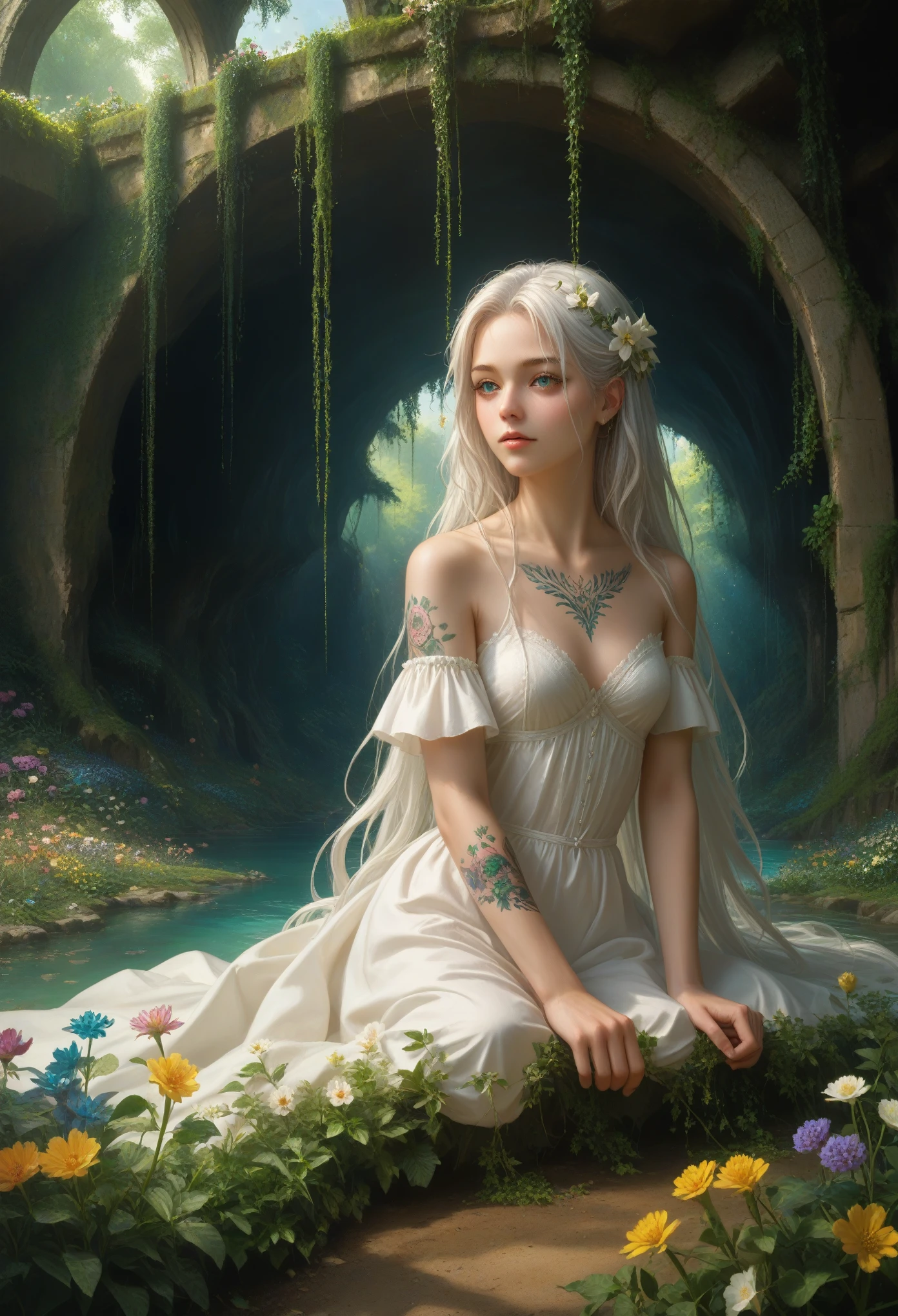 1 girl, One, WHITE_hair, tattoos, grotto, green, flowers, Beautiful, idyllic, exalted, absurdity, hyperrealism, textured, maximum_detail, DSLR camera score_9,score_8_up,score_7_up,masterpiece,best quality,perfect anatomy,very aesthetic,official art,8k