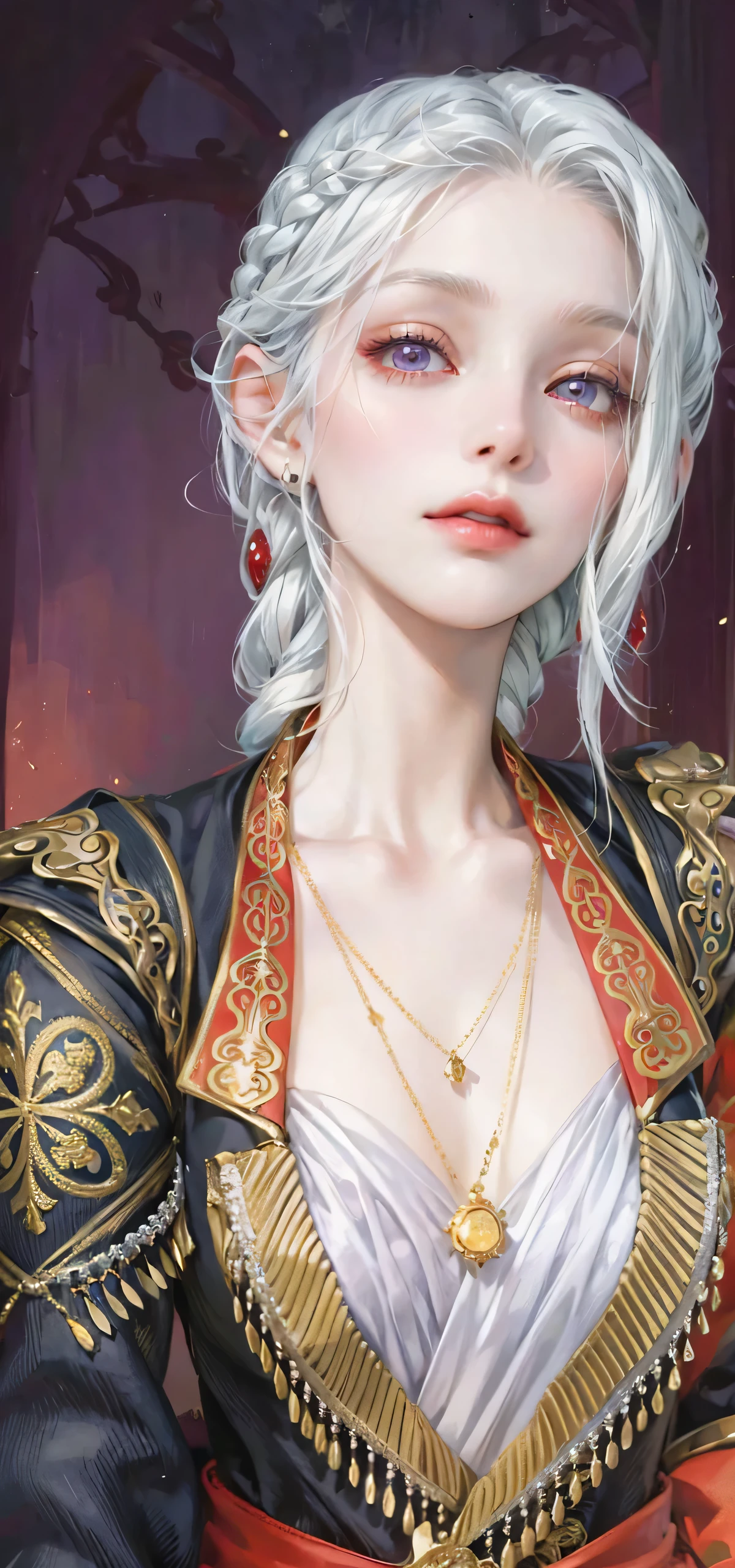 (masterpiece, top quality, best quality, official art, enchanting and aesthetic:1.2), 1female, white silver hair, royal braided hair, violet eyes, white and red dress, red and gold jewelry, high quality details, 4k eyes, white hair, silver white hair, long hair, siren eyes, cold expression