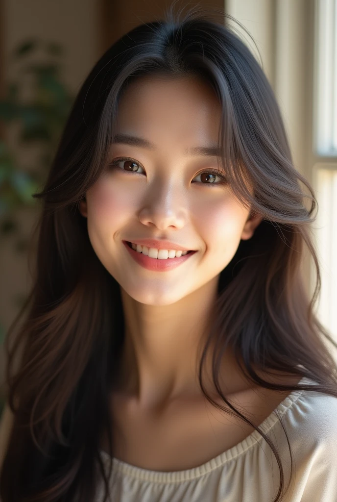 (Ultra-realistic), (figure), (High resolution), (8k), (Very detaileded), (Best figure), (Beautiful and detaileded Eyes), (Highest quality), (Ultra detaileded), (masterpiece), (wallpaper), (detaileded Face), Facial pores,alone,one person's,, Fine detailed, detaileded Face, (detailed),(Realistic lighting: 1.1),Fed-esque image of a long-haired woman smiling for a photo, Adorable Korean Face, , Korean Female Actresses, , Cute Korean Actresses, Gorgeous Young Korean Woman,