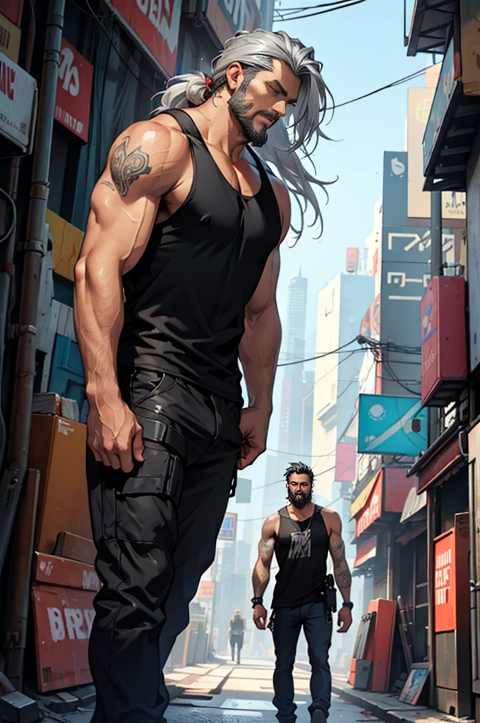 man, around 45yo, black messy middle long hair, short beard, silver metalic arm, black tank top, cyberpunk streets in background