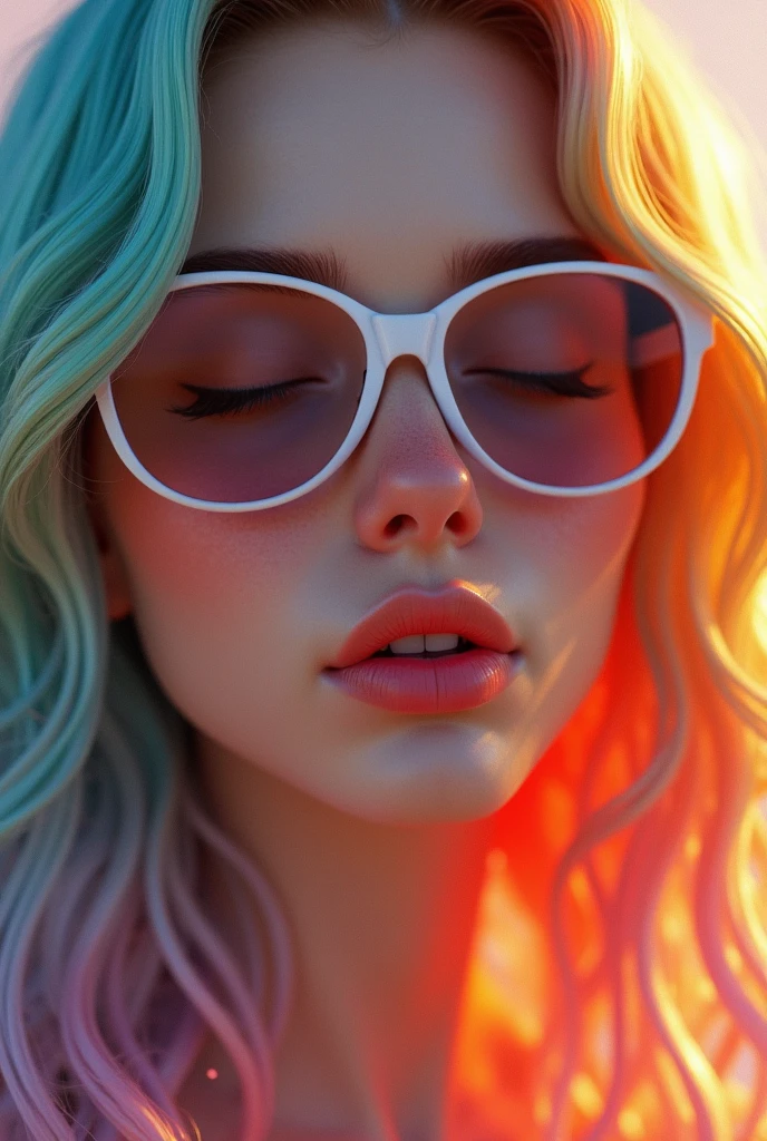 A emma myers,closed eyes,perfect eyes,rainbow hair,close up, want to 💋 kiss ,bite upper lips expression,,put white oakley glasses, 3d render
