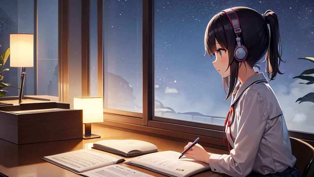 A Japanese high school girl is studying at her desk with headphones on。she has a pen、I am concentrating while writing in my notebook.。There is a desk lamp on the desk、The warm light illuminates the notebook.。Outside the window you can see the night view、The room is quiet and calm.。There is also a calendar and a small potted plant on the desk.、We have an environment where you can concentrate on your studies.。
