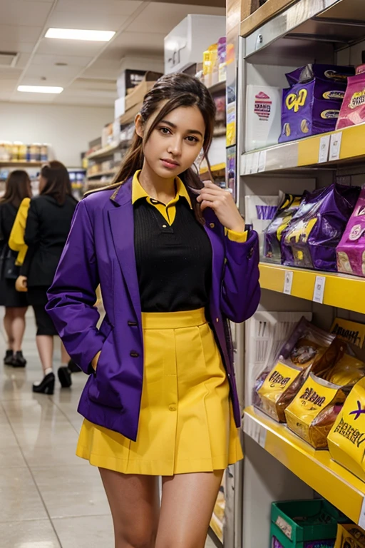 Purple and yellow minimarket uniform
