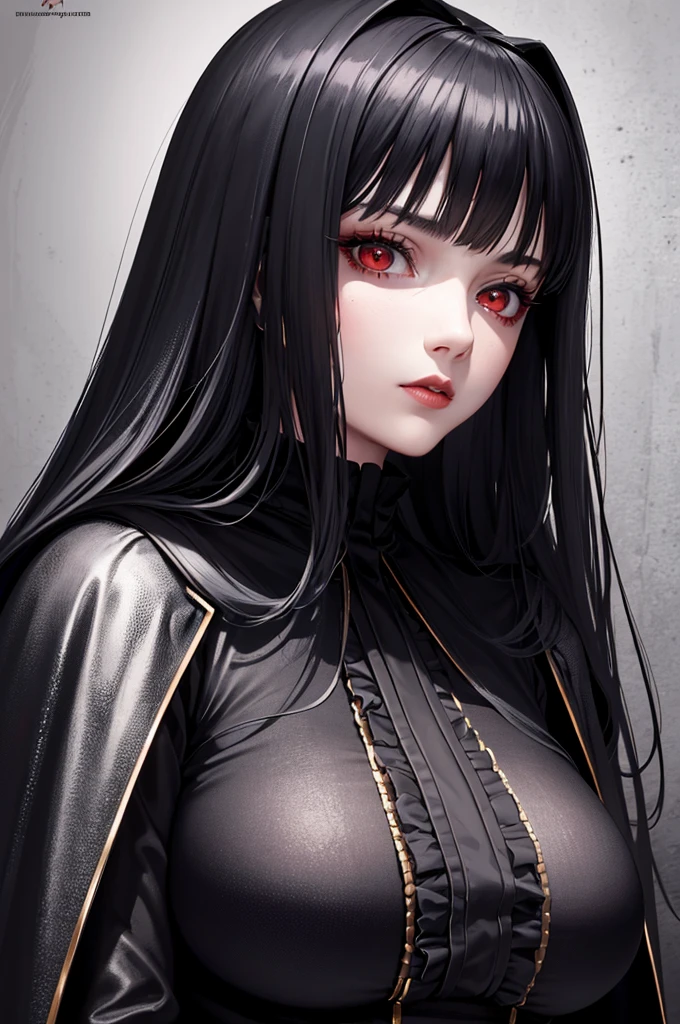 "(best quality,ultra-detailed,realistic:1.37),portrait,dark,hooded sweatshirt,black pants,penetrating red eyes,disgusted expression,big breasts,long black hair,stern,mysterious lighting,mystery", hitomitanaka