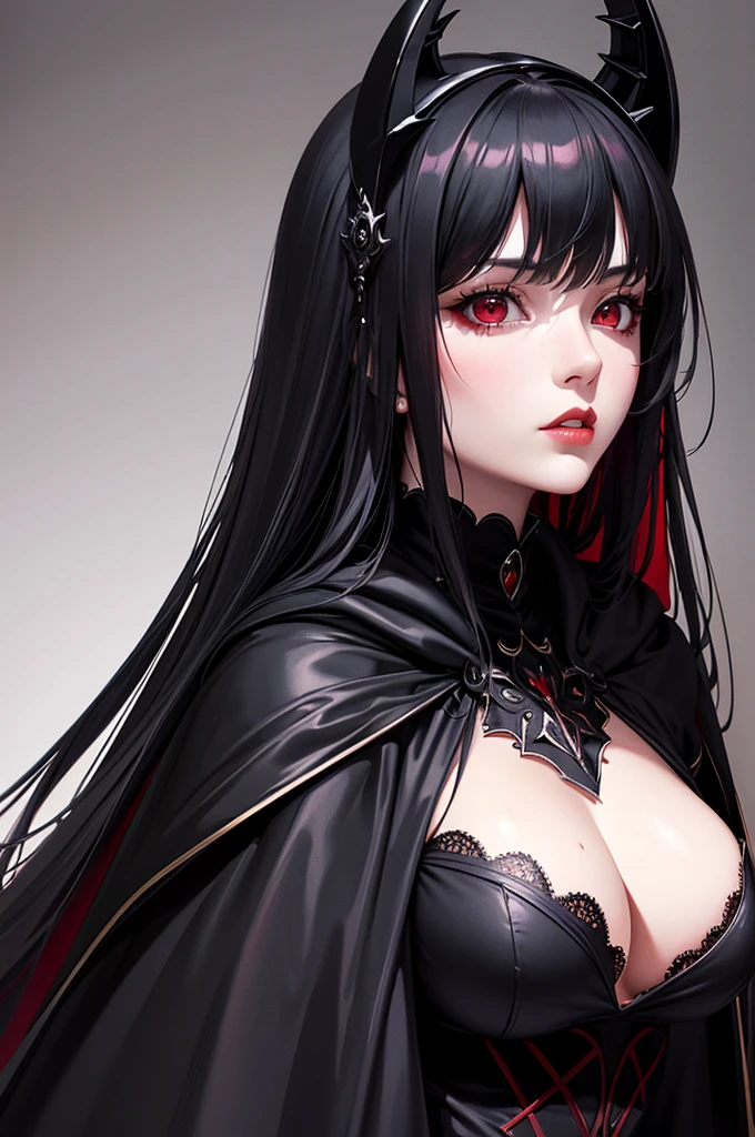 (Best Quality,High resolution,masterpiece:1.2),ultra detailed,professional,Girl,Red eyes,detailed eyes,detailed lips,long black hair,neutral expression,big breasts,black hooded clothing,full body cape,Gothic,portrait,intense lighting,Rich colors,Black and red tones,soft shadows,disturbing environment.