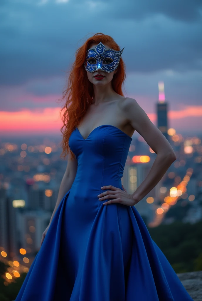 Redhead woman with long blue pen dress and mask ,fully body 